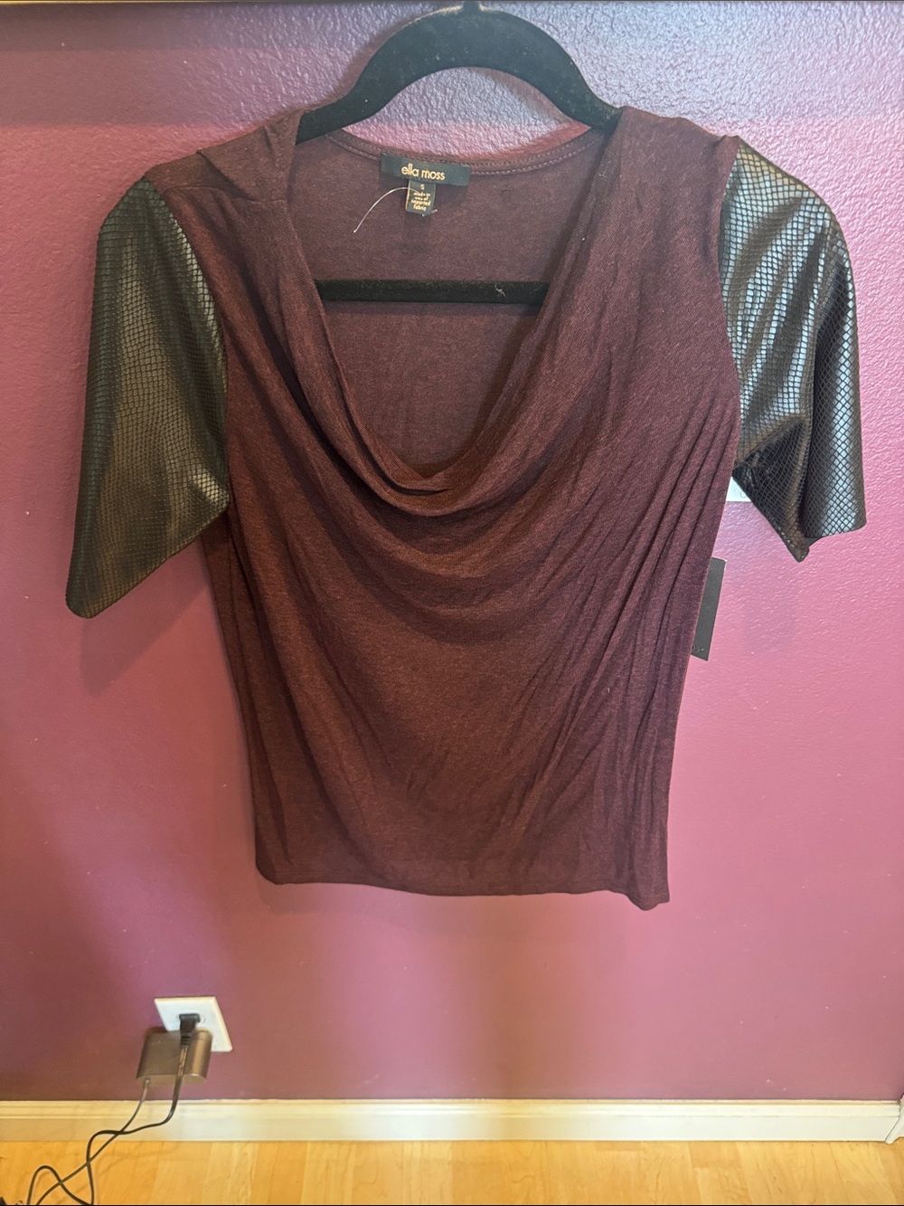 Ella Moss Burgundy Draped Cowl Top with Faux Leather Sleeves